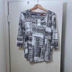 JM Collection NWT Short Sleeve Printed Tunic Top, Black, White & Silver Sz Large